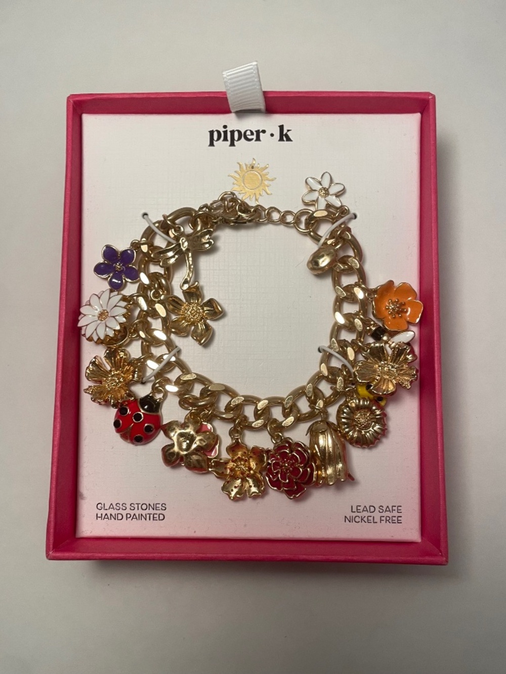 piper k Gold Tone Floral & Enamel Charm Bracelet New in Gift Box